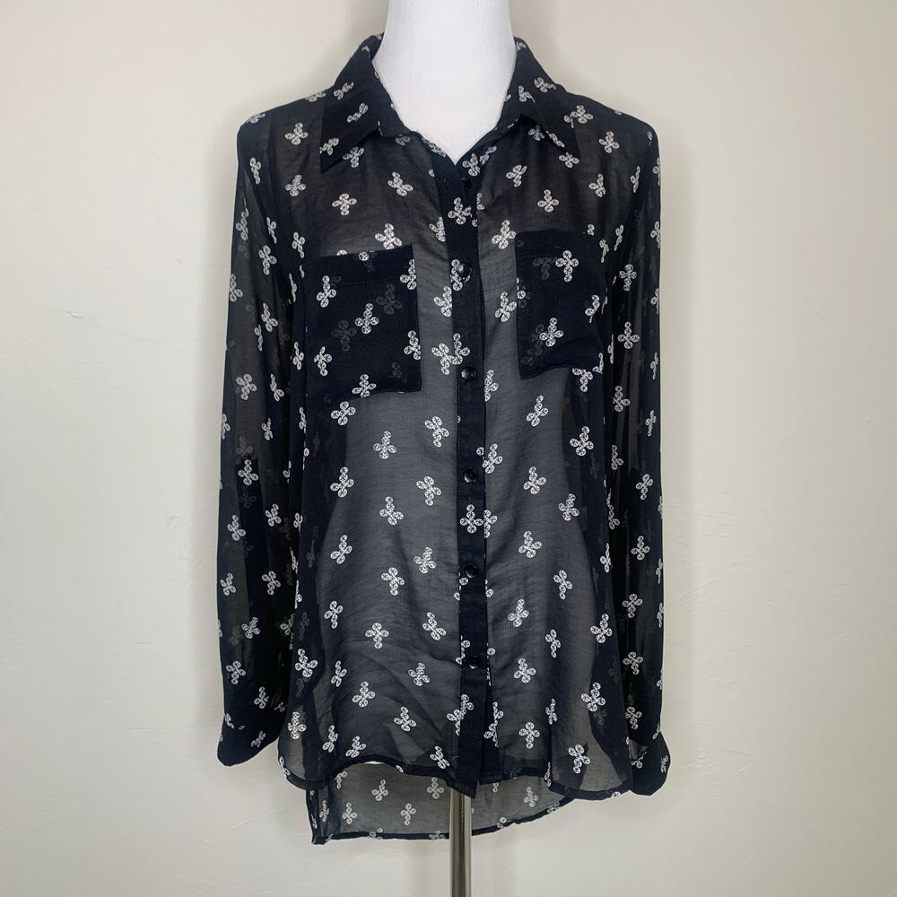 Sheer Chiffon Long Blouse Button Front Sz Medium